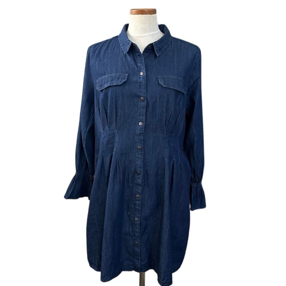 Bell Sleeve Dark Wash Denim Snap Shirt Dress Women S Boho Western Cottagecore